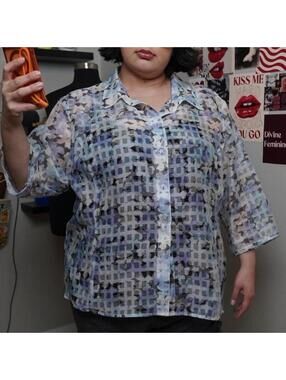 Sheer Button Up Blue Gray Abstract Watercolor Print Airy Dreamy Boho Plus 3X